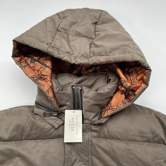 $298 Guess Men’s Alta Nylon Puffer Long Jacket With Hood In Light Brown Size XL